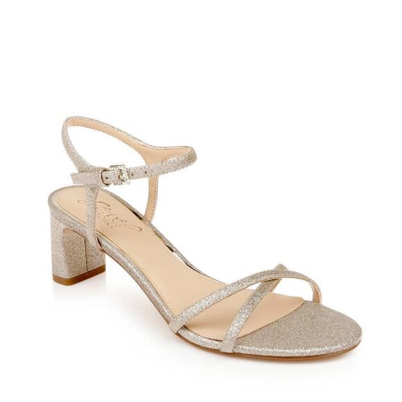 Badgley Mischka Omari Ankle Strap Criss Cross Heels in Glitter Gold - Picture 1 of 8